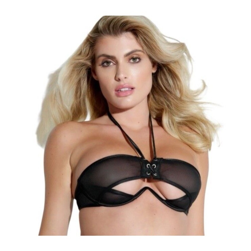House of Desire Black Mesh Open Cup Underwire Bra Medium Lace Up Cutout NWT